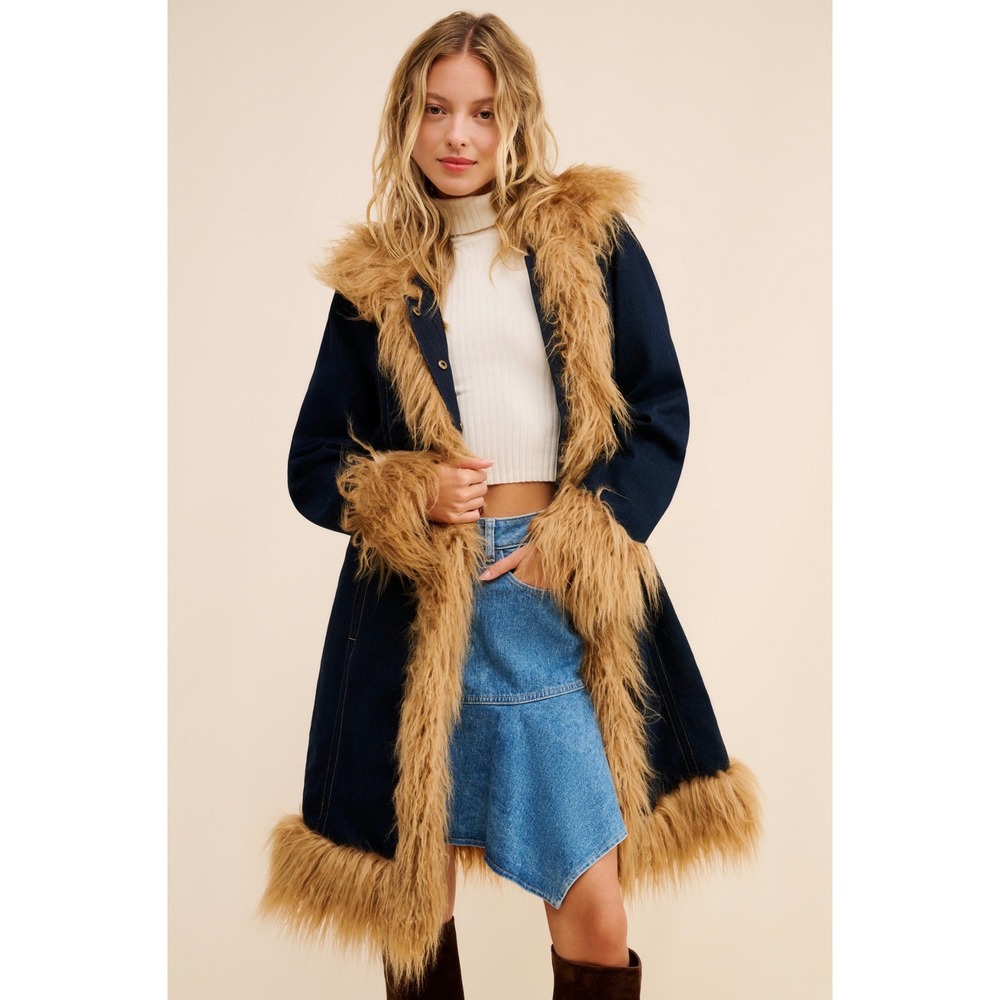 Tyler McGillivary Brandy  Denim Faux Fur Trim Coat Women Size M